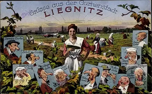 Ak Legnica Liegnitz Schlesien, Gurkenstadt, Pflücker, Frau mit Gurke