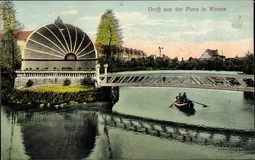 Ak Wanne Herne im Ruhrgebiet, Flora, Brücke, Ruderboot