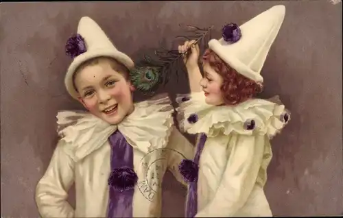 Ak Zwei Kinder in Karnevalkostümen, Portrait, Pfauenfeder