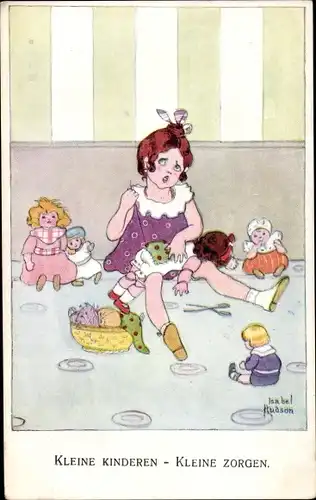 Künstler Ak Hudson, I., Kleine Kinder, Kleine Sorgen, Mädchen beim Nähen, Puppen