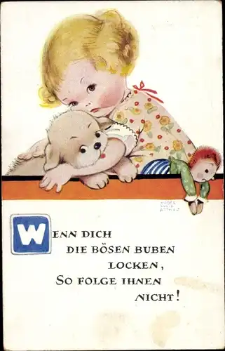 Künstler Ak  Attwell, M. L., Mädchen-Portrait, Hund, Hampelmann