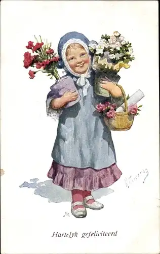 Künstler Ak Feiertag, K., Mädchen mit Blumenstrauß, Glückwunsch
