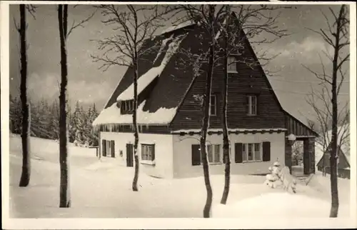 Ak Tellerhäuser Breitenbrunn Erzgebirge, Gästeheim Rühle, Winter