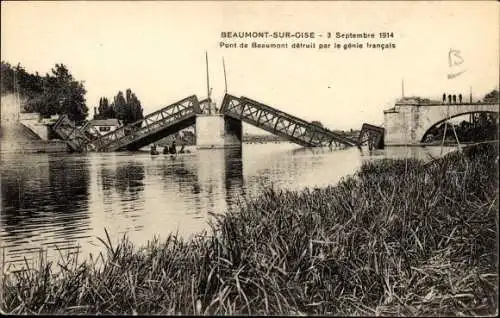 Ak Beaumont sur Oise Val d'Oise, 3. September 1914, Beaumont-Brücke von französischem Genie zerstört