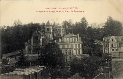 Ak Villeneuve Saint Georges Val de Marne, Panorama der Kirche und des Beauregard-Parks