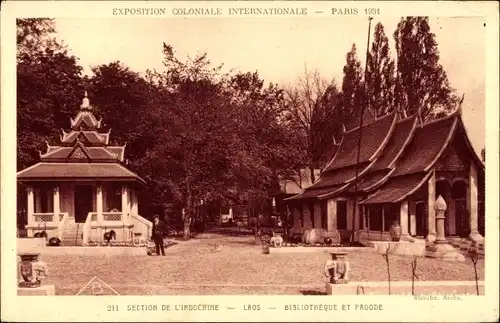 Ak Paris, Internationale Kolonialausstellung 1931, Laos, Bibliothek und Pagode