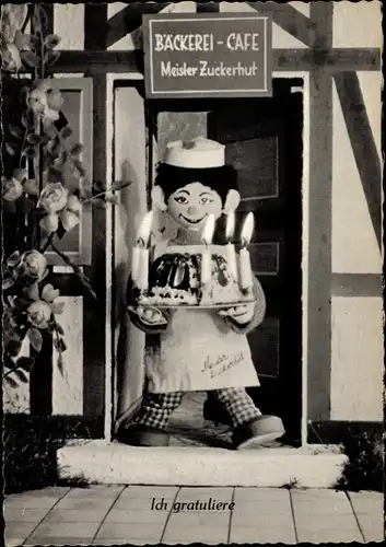 Ak Puppen, Bäcker mit Kuchen, Meiser Zuckerhut, Ich gratuliere