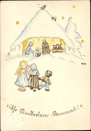 Künstler Ak Glückwunsch Weihnachten, Krippenszene, Engel