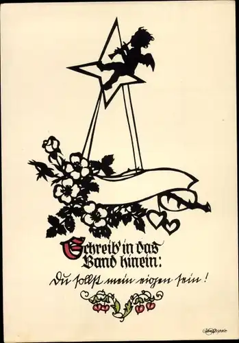 Scherenschnitt Ak Plischke, Georg, Schreib in das Band hinein, Engel