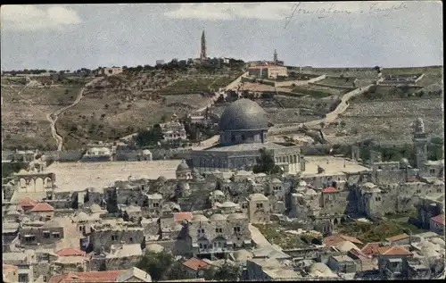 Ak Jerusalem Israel, Tempelplatz mit Felsenmoschee, Dahinter Ölberg