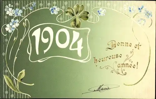 Präge Litho Glückwunsch Neujahr 1904, Glücksklee, Vergissmeinnicht