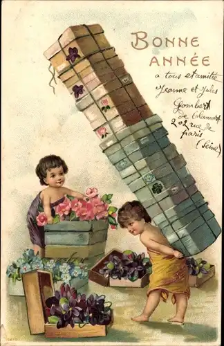 Präge Ak Glückwunsch Neujahr, Kinder, Kisten mit Blumen, Veilchen