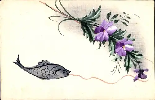 Handgemalt Ak Fisch an der Angel und lila Blüten