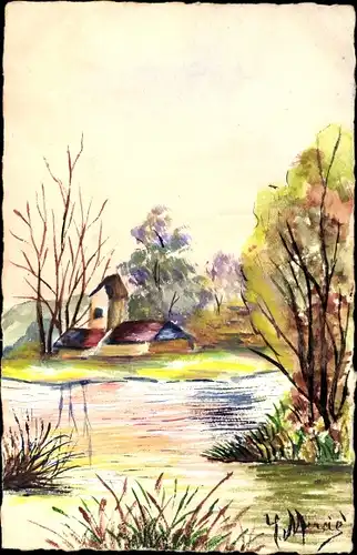 Handgemalt Ak Landschaft mit Häusern, Gewässer
