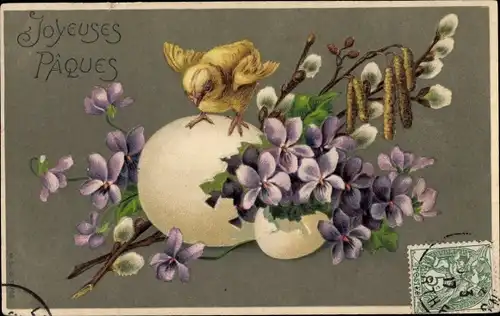 Präge Ak Glückwunsch Ostern, Küken, Veilchen, Weidenkätzchen, Osterei