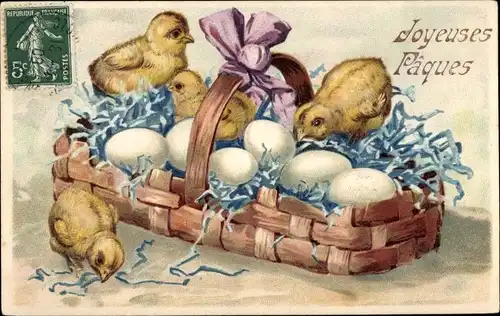 Präge Ak Glückwunsch Ostern, Küken, Korb, Eier, Schleife