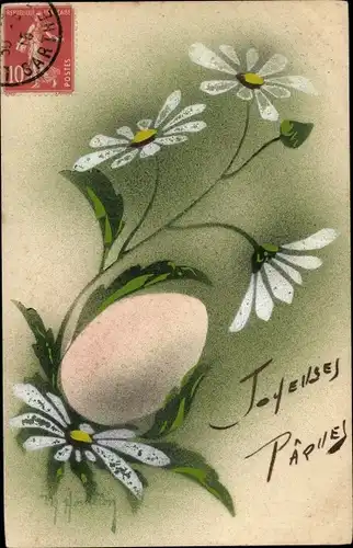 Künstler Ak Glückwunsch Ostern, Osterei, Blumen