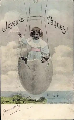 Ak Glückwunsch Ostern, Mädchen im Ei, Ballon, Flug