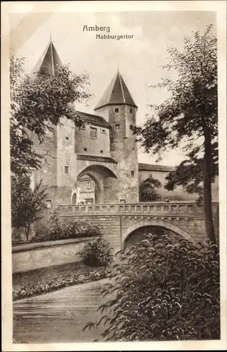 Ak Amberg in der Oberpfalz Bayern, Burg, Graben, Brücke und Nabburgertor