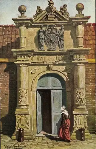 Künstler Ak Gerstenhauer, Johann Georg, niederländisches Motiv, Gebäudeportal, Frau in Tracht