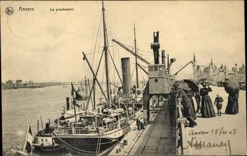 Ak Antwerpen, Die Promenade, Promenade am Hafen, Hebekran, Dampfer