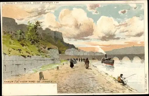 Künstler Litho Ranot, F., Namur Wallonien, Le Vieux Pont de Jambes, Angler