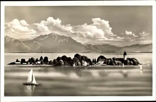 Ak Frauenchiemsee Fraueninsel Chiemsee Oberbayern, Segelboote, Panorama