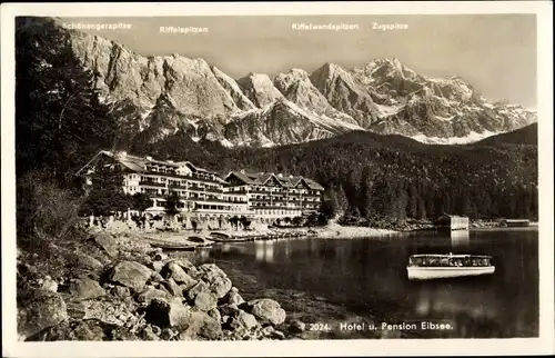 Ak Grainau in Oberbayern, Eibsee, Hotel, Zugspitze, Riffelwandspitzen, Boot