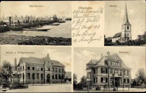 Ak Ottenheim Schwanau in Baden, Rheinbrücke, Kirche, Schule, Kriegerdenkmal, Rathaus