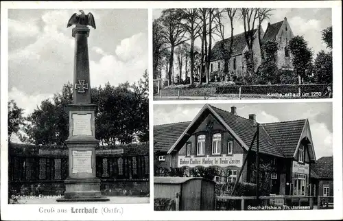 Ak Leerhafe Wittmund in Ostfriesland, Gefallenen-Ehrenmal, Kirche, Geschäftshaus Th. Janssen