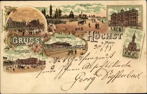 Litho Höchst Frankfurt am Main, Bahnhof, Gleisansicht, Realgymnasium, Farbwerke