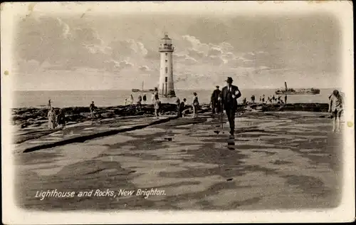 Ak New Brighton Wallasey England, Leuchtturm, Felsen