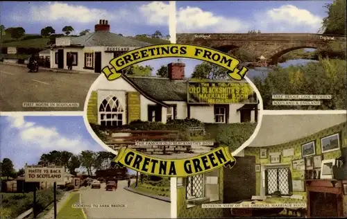 Ak Gretna Green Scotland, Erstes Haus in Schottland, Brücke, Alte Schmiede