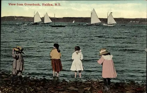 Ak Halifax Nova Scotia Kanada, Blick von Greenbank, Segelboote, kleine Kinder