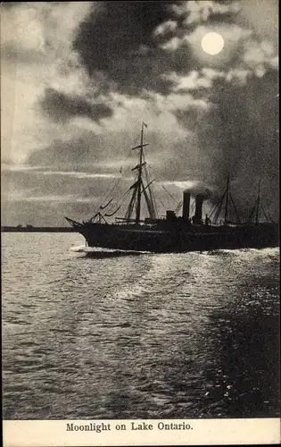 Mondschein Ak Ontario Kanada, Dampferpartie auf dem See bei Mondenschein