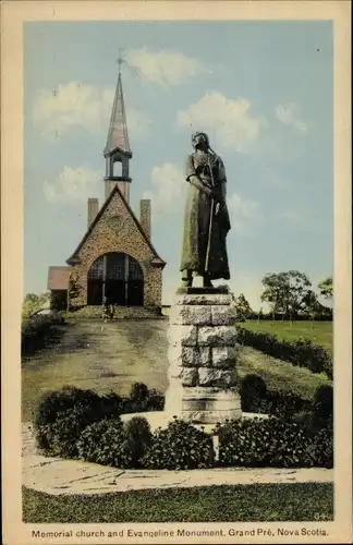 Ak Nova Scotia Kanada, Memorial Church und Evangeline Monument, Grand Pré