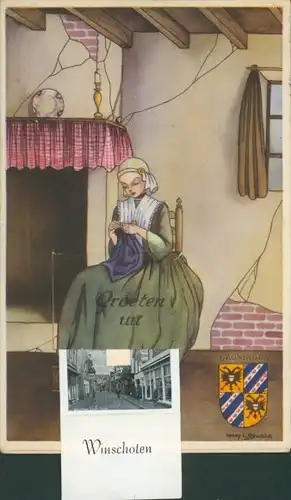 Wappen Leporello Ak Winschoten Groningen Niederlande, Frau beim Stricken, Tracht, Straßenpartie