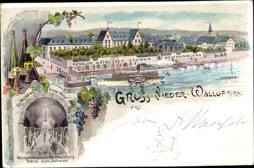 Litho Niederwalluf Walluf am Rhein, Hotel zum Schwan, Weinhandlung