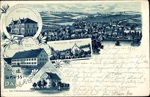 Litho Dallau Elztal im Odenwald, Schulhaus, Gasthaus zur Pfalz, Schloss, Marienthal