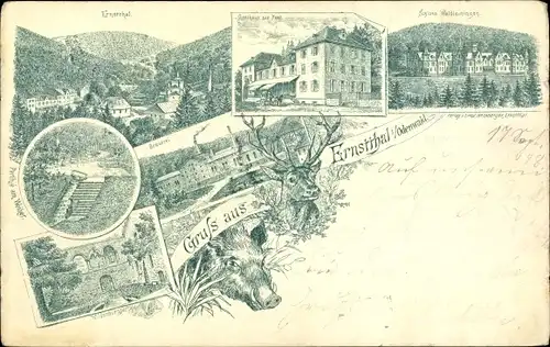 Litho Ernsttal Mudau im Odenwald, Schloss, Gasthaus zur Post, Brauerei