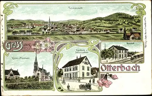 Litho Otterbach in der Pfalz, Bahnhof, Gleisseite, Kirche, Handlung, Totalansicht, Pfarrhaus