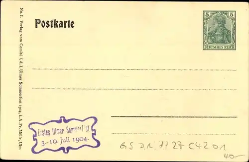 Ganzsachen Ak Ulm an der Donau Baden Württemberg, Sommerfest 1904, PP 27 C 42 01