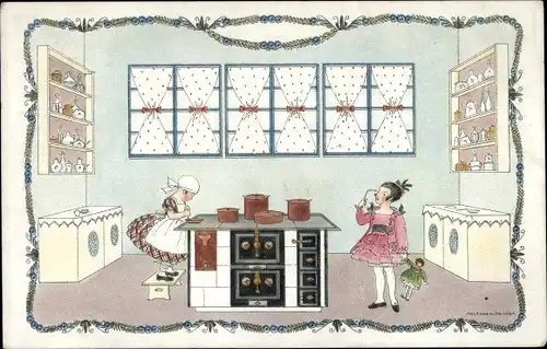 Künstler Ak Köhler, Mela, Küche, Köchin, Mädchen mit Puppe