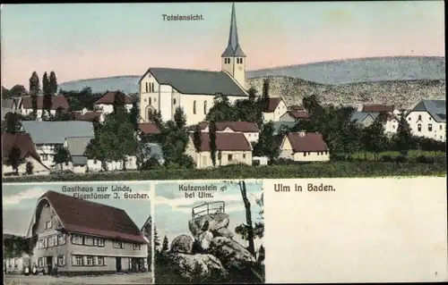 Ak Ulm in Baden Renchen Schwarzwald, Kirche, Kutzenstein, Gasthaus zur Linde