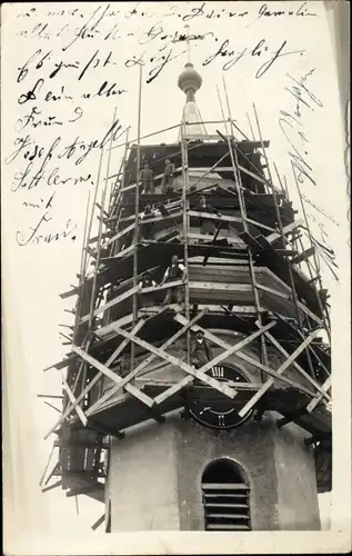 Foto Ak Rot an der Rot in Württemberg, Baustelle, Kirchturm, Arbeiter