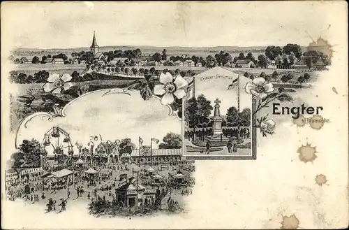 Litho Engter Bramsche in Niedersachsen, Kriegerdenkmal, Jahrmarkt, Riesenrad, Totalansicht