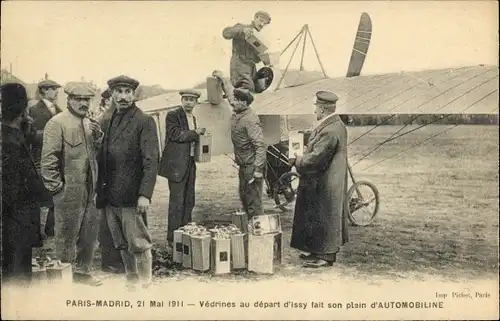 Ak Raid Paris-Madrid, 21. Mai 1911, Védrines au départ d'Issy fait son plain d'Automobiline