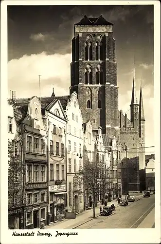 Ak Gdańsk Danzig, Blick in die Jopengasse, Grete Alleri, St. Marien Kirche