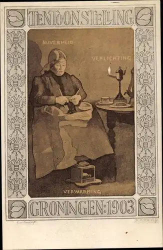 Künstler Ak Groningen, Ausstellung 1903, strickende Frau in Tracht, Lampe, Fußwärmer