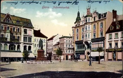 Ak Gera in Thüringen, Johannisplatz, Denkmal, Geschäft Theodor Falkenstein